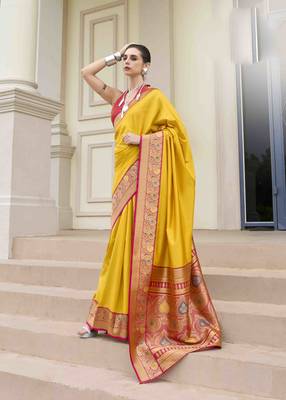 Kimisha women's yellow silk blend banarasi saree with unstitched blouse piece 1
