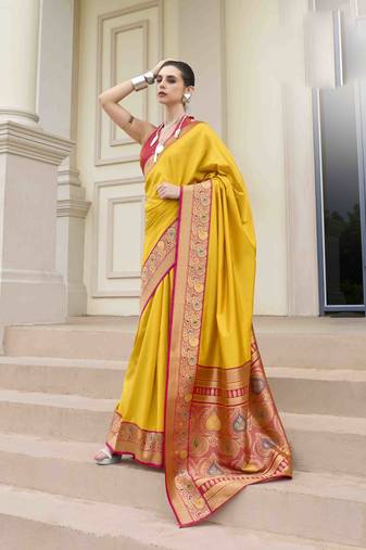 Kimisha women's yellow silk blend banarasi saree with unstitched blouse piece