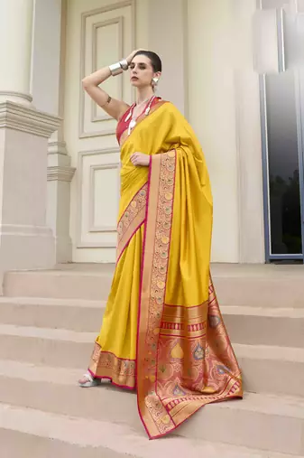 Kimisha women's yellow silk blend banarasi saree with unstitched blouse piece