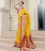 Kimisha women's yellow silk blend banarasi saree with unstitched blouse piece