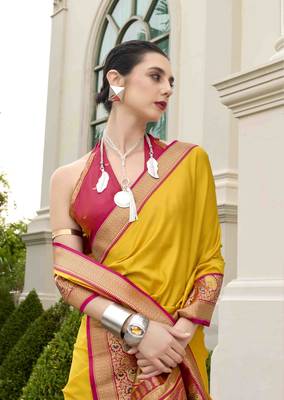 Kimisha women's yellow silk blend banarasi saree with unstitched blouse piece 2