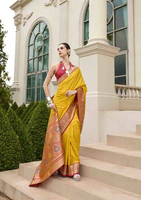 Kimisha women's yellow silk blend banarasi saree with unstitched blouse piece 3