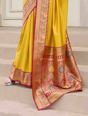 Kimisha women's yellow silk blend banarasi saree with unstitched blouse piece 4