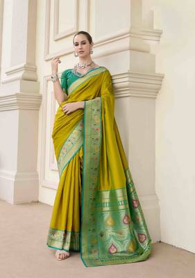 Kimisha women's neon silk blend banarasi saree with unstitched blouse piece 1