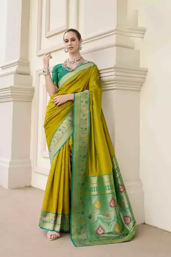 Kimisha women's neon silk blend banarasi saree with unstitched blouse piece