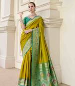 Kimisha women's neon silk blend banarasi saree with unstitched blouse piece