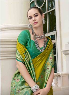 Kimisha women's neon silk blend banarasi saree with unstitched blouse piece 2
