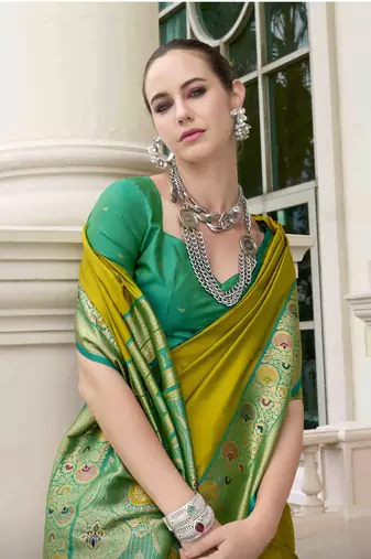 Kimisha women's neon silk blend banarasi saree with unstitched blouse piece