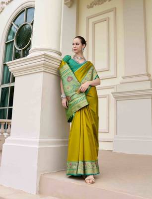 Kimisha women's neon silk blend banarasi saree with unstitched blouse piece 3