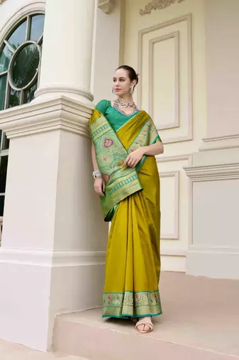 Kimisha women's neon silk blend banarasi saree with unstitched blouse piece