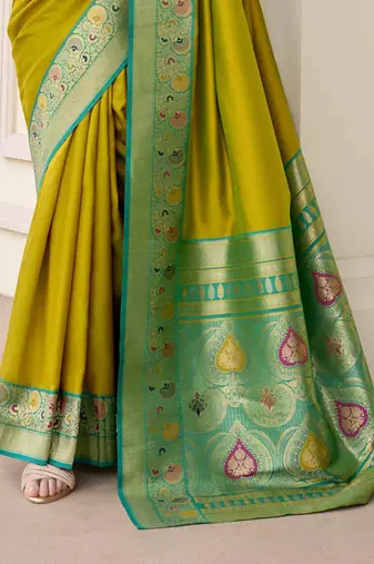 Kimisha women's neon silk blend banarasi saree with unstitched blouse piece