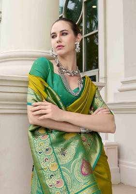 Kimisha women's neon silk blend banarasi saree with unstitched blouse piece 5