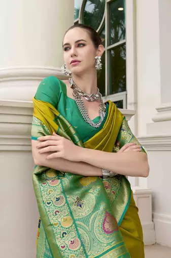 Kimisha women's neon silk blend banarasi saree with unstitched blouse piece