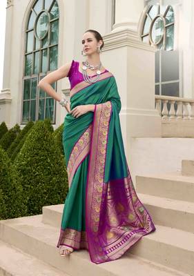 Kimisha women's dark green silk blend banarasi saree with unstitched blouse piece 1