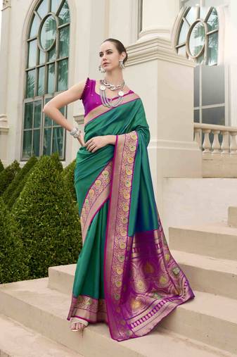 Kimisha women's dark green silk blend banarasi saree with unstitched blouse piece