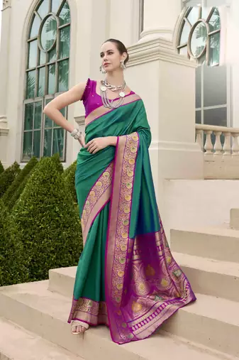 Kimisha women's dark green silk blend banarasi saree with unstitched blouse piece
