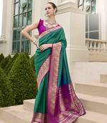 Kimisha women's dark green silk blend banarasi saree with unstitched blouse piece