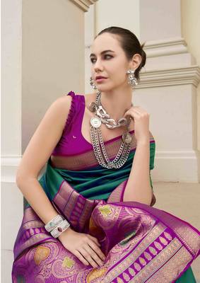 Kimisha women's dark green silk blend banarasi saree with unstitched blouse piece 2