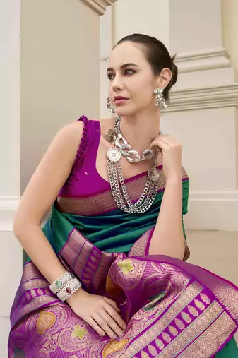 Kimisha women's dark green silk blend banarasi saree with unstitched blouse piece
