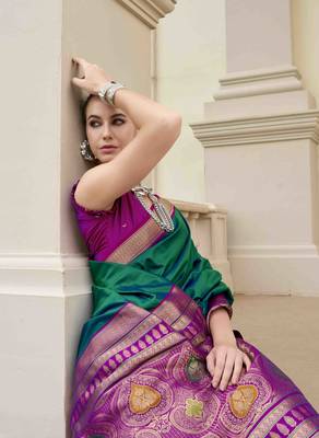 Kimisha women's dark green silk blend banarasi saree with unstitched blouse piece 3
