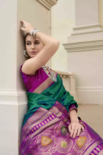 Kimisha women's dark green silk blend banarasi saree with unstitched blouse piece
