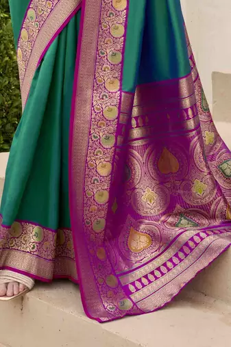 Kimisha women's dark green silk blend banarasi saree with unstitched blouse piece