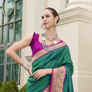 Kimisha women's dark green silk blend banarasi saree with unstitched blouse piece 5
