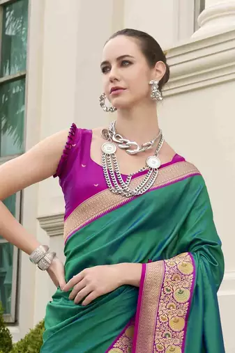 Kimisha women's dark green silk blend banarasi saree with unstitched blouse piece