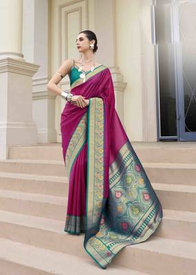 Kimisha women's magenta silk blend banarasi saree with unstitched blouse piece 1