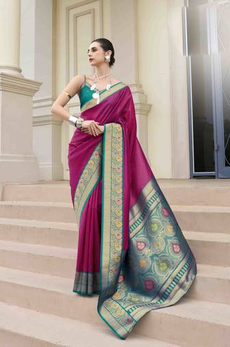 Kimisha women's magenta silk blend banarasi saree with unstitched blouse piece