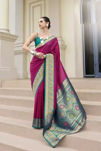 Kimisha women's magenta silk blend banarasi saree with unstitched blouse piece