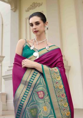 Kimisha women's magenta silk blend banarasi saree with unstitched blouse piece 2