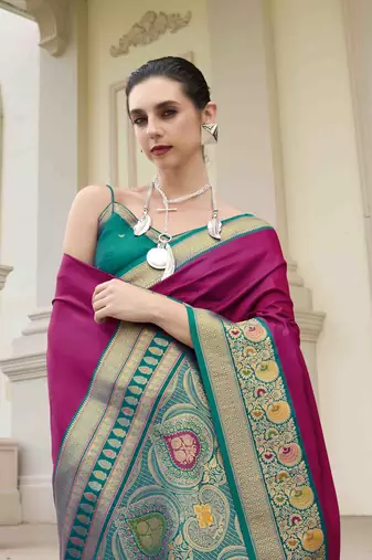 Kimisha women's magenta silk blend banarasi saree with unstitched blouse piece