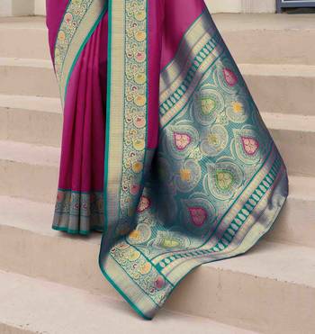 Kimisha women's magenta silk blend banarasi saree with unstitched blouse piece 4