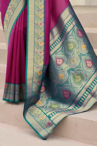 Kimisha women's magenta silk blend banarasi saree with unstitched blouse piece