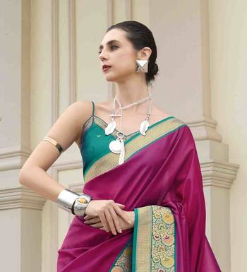 Kimisha women's magenta silk blend banarasi saree with unstitched blouse piece 5