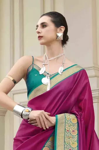 Kimisha women's magenta silk blend banarasi saree with unstitched blouse piece