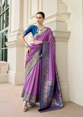 Kimisha women's lavender silk blend banarasi saree with unstitched blouse piece 1