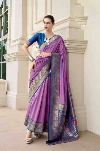 Kimisha women's lavender silk blend banarasi saree with unstitched blouse piece