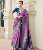 Kimisha women's lavender silk blend banarasi saree with unstitched blouse piece
