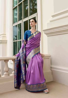 Kimisha women's lavender silk blend banarasi saree with unstitched blouse piece 2