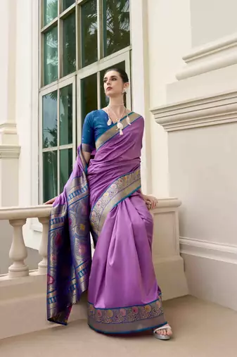 Kimisha women's lavender silk blend banarasi saree with unstitched blouse piece