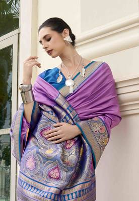 Kimisha women's lavender silk blend banarasi saree with unstitched blouse piece 3