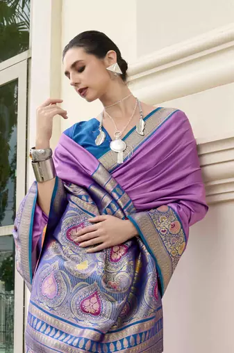 Kimisha women's lavender silk blend banarasi saree with unstitched blouse piece