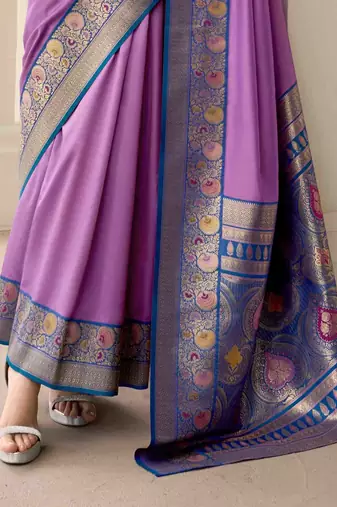 Kimisha women's lavender silk blend banarasi saree with unstitched blouse piece