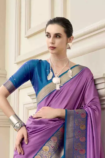 Kimisha women's lavender silk blend banarasi saree with unstitched blouse piece