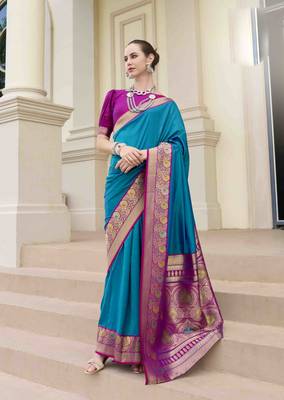 Kimisha women's blue silk blend banarasi saree with unstitched blouse piece 1