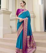 Kimisha women's blue silk blend banarasi saree with unstitched blouse piece