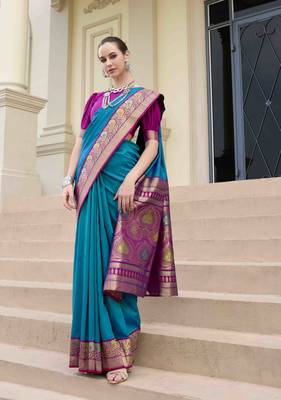 Kimisha women's blue silk blend banarasi saree with unstitched blouse piece 2