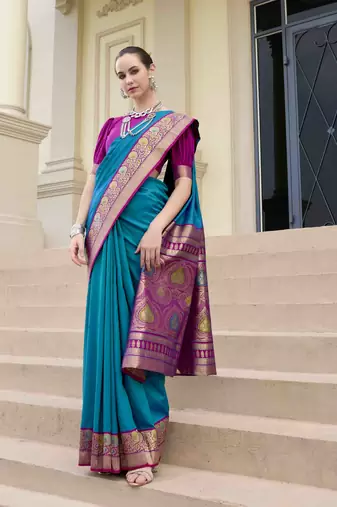 Kimisha women's blue silk blend banarasi saree with unstitched blouse piece
